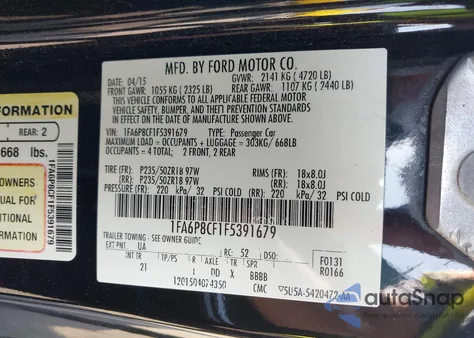 2015 Ford Mustang Gt from USA, damaged, VIN 1FA6P8CF1F5391679